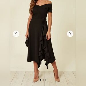 New SilkFred FeverFish Bardot Off Shoulder Frill Midi Dress Black US Size 8